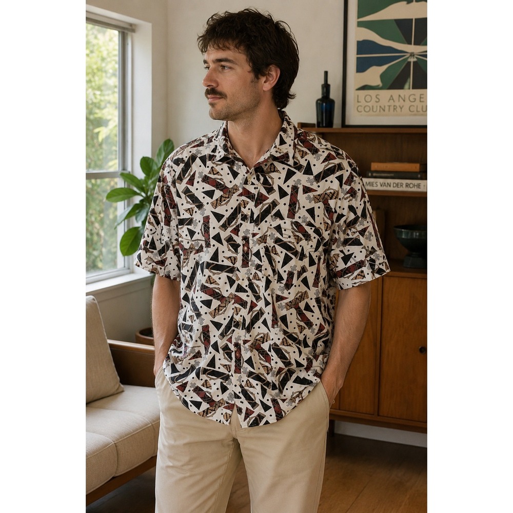 Natural Issue Mens Large Vintage 90s Golf Bag Print Button Down Shirt Cotton L